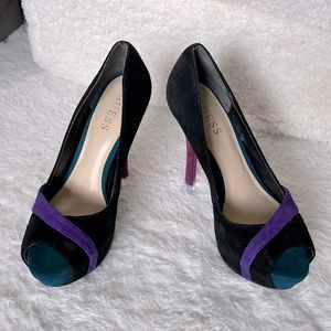 Guess suede heels, black, purple, teal, and mauve. Size 7.